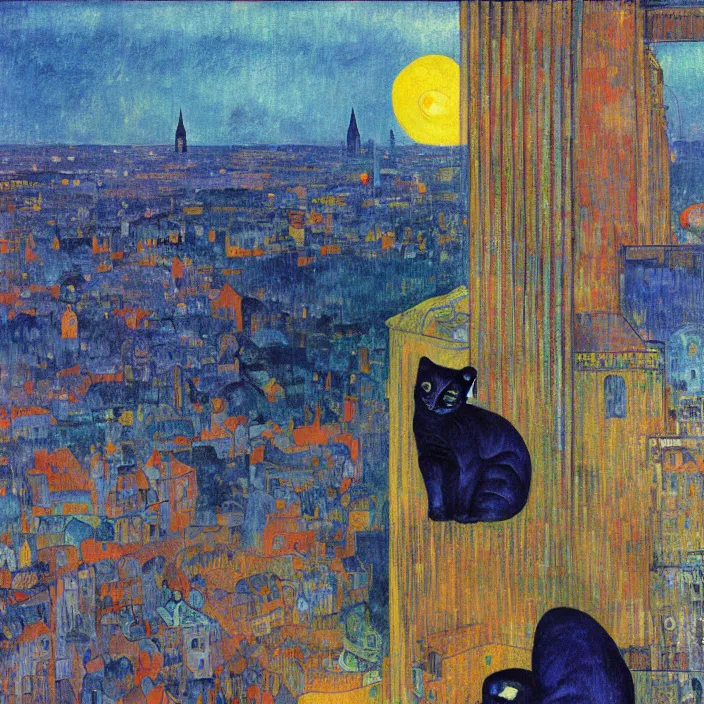 Image similar to dark blue indigo cat sitting in a window, looking at the city with gothic cathedral. sun setting through the clouds, vivid iridescent psychedelic colors. gauguin, agnes pelton, egon schiele, henri de toulouse - lautrec, utamaro, monet