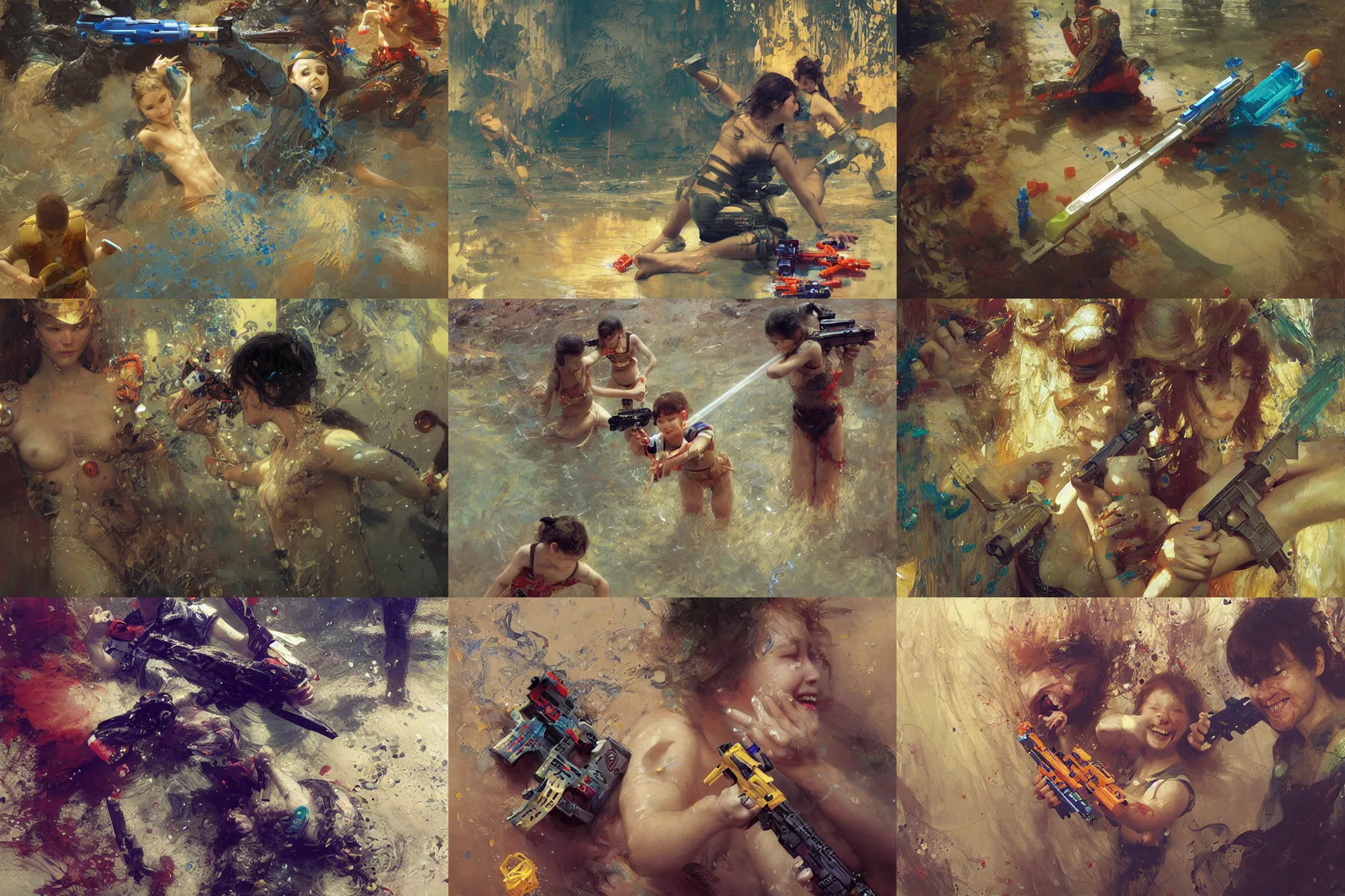 Prompt: laughing!!!!!!!!!!!!!!!!!!! and playing with nerf water guns by waterhouse, craig mullins, ruan jia, gustave klimt