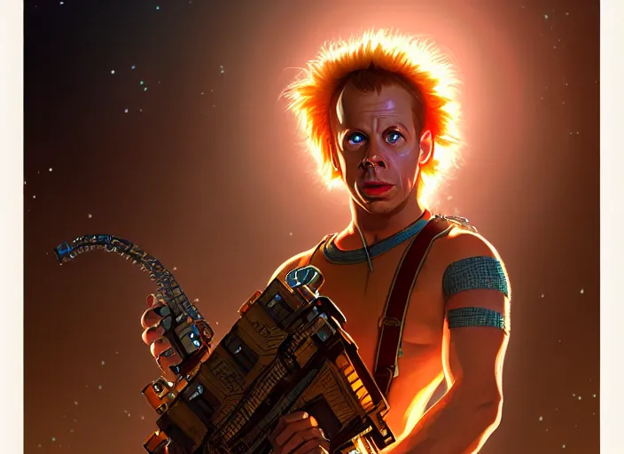 Image similar to young rick moranis in the fifth element, far future, highly detailed, trending on artstation, intricate, cinematic composition, by rutkowski