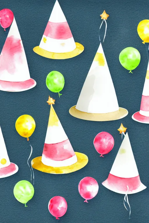 Image similar to minimalist watercolor art of birthday party hats on white background, illustration, vector art
