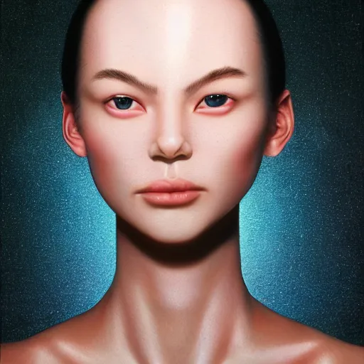 Prompt: sweating forehead, drops of sweat, airbrush painting, forehead only, Hajime Sorayama, Peter Palombi, Peter Lloyd, blue lighting, soft lighting