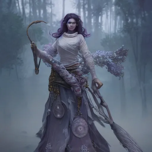 Prompt: picture generation, soft painting curiosities ornamentsl, beautiful female anthropomorphic warrior in full long dress, accurate features, focus, very intricate ultrafine details, black white purple volumetric clouds, award winning masterpiece, octane render 8 k hd, tom bagshaw artstyle, fantasy forest