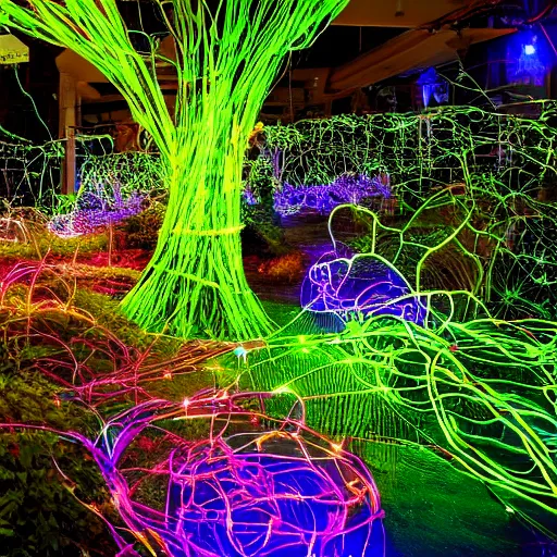 Prompt: a jungle made of wires cables and fiber optics, vines made of glowing wires and cords, electronic inorganic jungle, luminescent