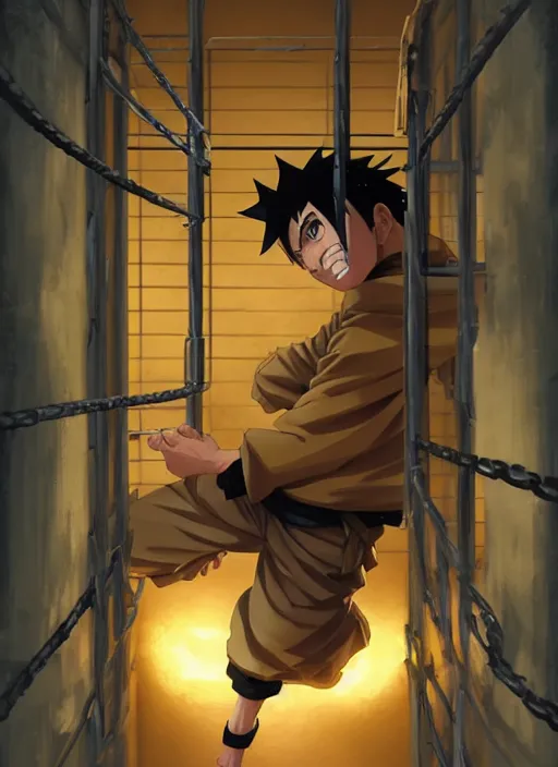 Image similar to highly detailed prison cell with naruto uzumaki with black hair, training behind metal bars, powerfully punching a wall, art by greg rutkowski, loish, rhads, ferdinand knab, makoto shinkai and lois van baarle, ilya kuvshinov, rossdraws, tom bagshaw, global illumination, radiant light, detailed and intricate environment