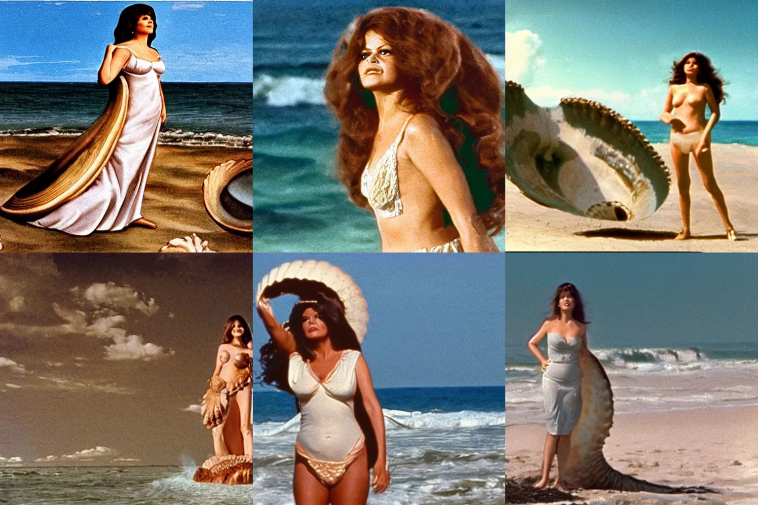 Prompt: Still of an Italian movie (1974) showing Claudia Cardinale standing up on a large shell in front of the sea in the style of the Birth of Venus. Technicolor, cinematic, intricate