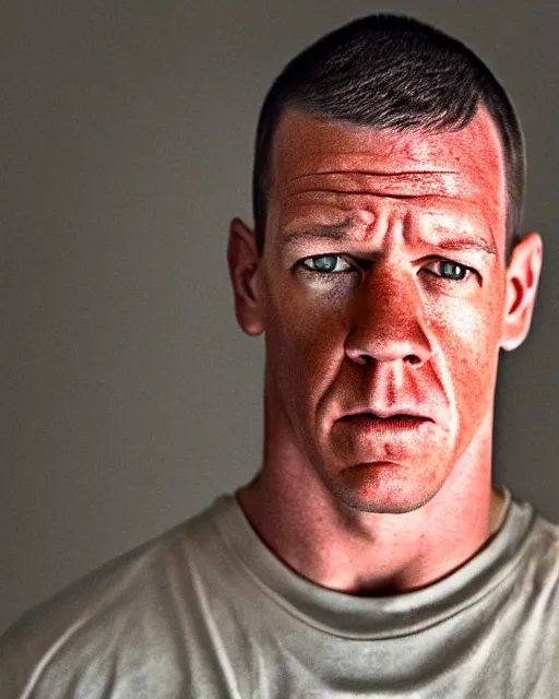 Image similar to prison mugshot of john cena, bright flash, orange prison clothes, low saturation, somber expression, filthy hair, rugged textured face, soft vignette, soft focus, 5 0 mm, 4 k, photograph by annie leibovitz