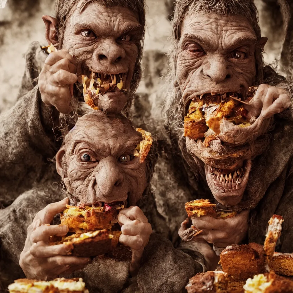 Image similar to closeup portrait of a medieval goblin eating cakes, depth of field, zeiss lens, detailed, symmetrical, centered, fashion photoshoot, by annie leibovitz and steve mccurry, david lazar, jimmy nelsson, breathtaking, 8 k resolution, extremely detailed, beautiful, establishing shot, artistic, hyperrealistic, beautiful face, octane render