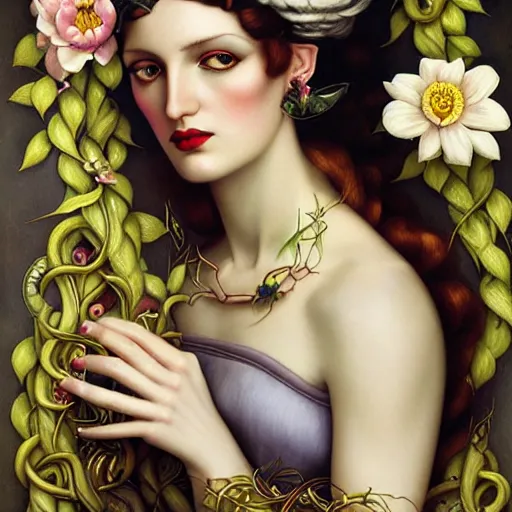 Image similar to dynamic composition, blonde woman with hair of spring flowers and vines wearing ornate earrings, ornate gilded details, pastel colors, a surrealist painting by tom bagshaw and jacek yerga and tamara de lempicka and jesse king, wiccan, pre - raphaelite, featured on cgsociety, pop surrealism, surrealist, dramatic lighting