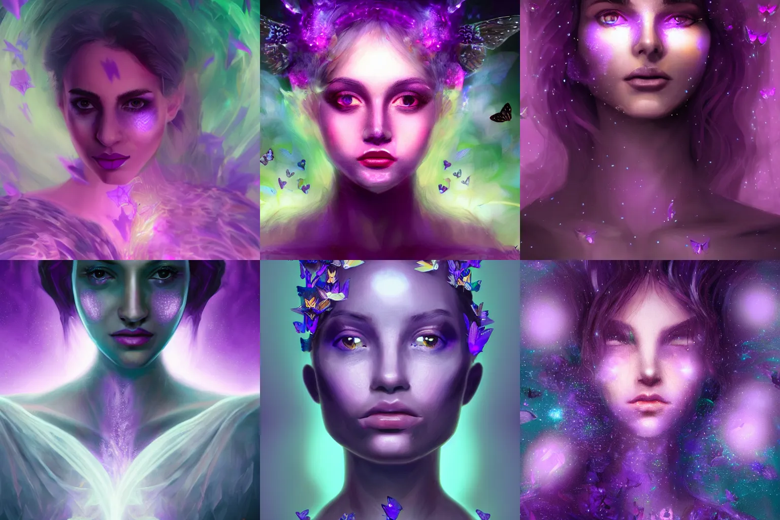 Prompt: closeup portrait of an ethereal person made of purple light, divine, surrounded by butterflies, dark high-contrast concept art, trending on Artstation