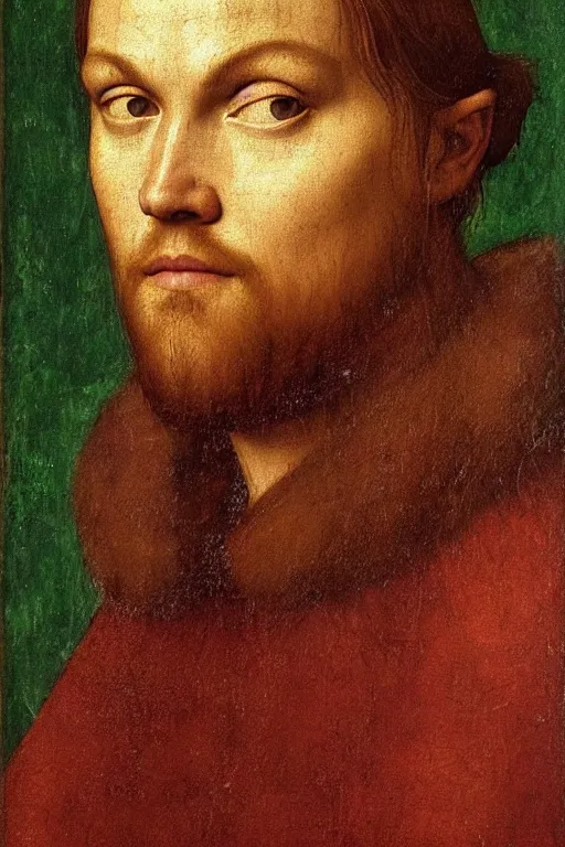 Image similar to 1 4 0 0 s renaissance portrait of leonardo dicaprio oil painting by jan van eyck, northern renaissance art, oil on canvas, wet - on - wet technique, realistic, expressive emotions, intricate textures, illusionistic detail