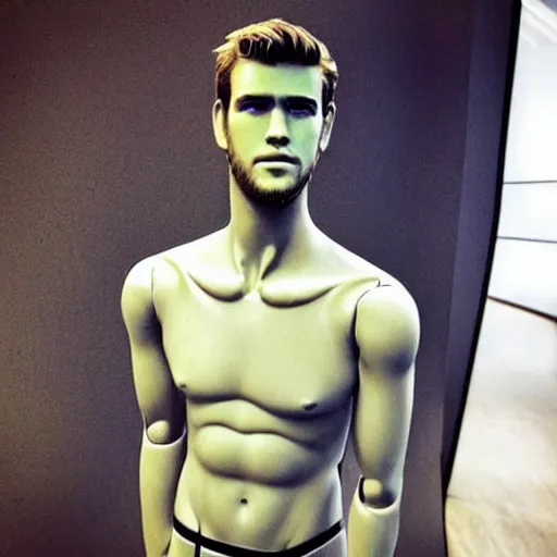 Image similar to “ a realistic detailed photo of a guy who is an attractive humanoid who is half robot and half humanoid, who is a male android, actor liam hemsworth, shiny skin, posing like a statue, blank stare, at the museum, on display ”