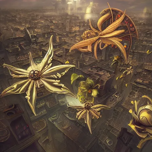 Image similar to flying, flower - shaped city, sky, fantasy art, steampunk