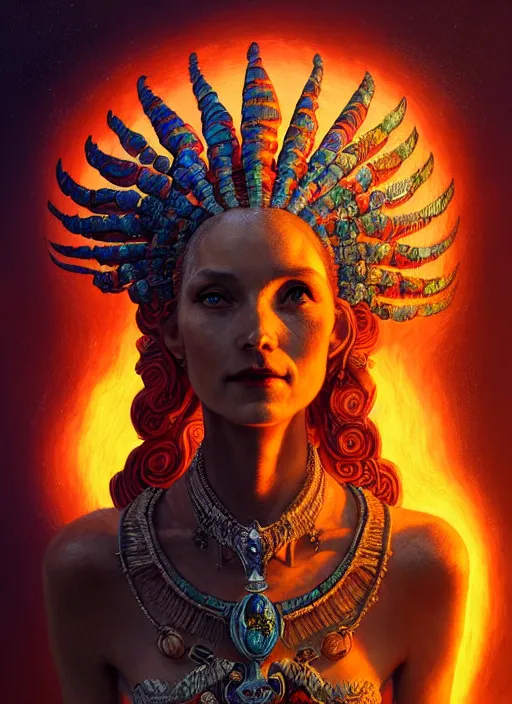 Image similar to an anton pieck portrait of a goddess, 8 k micro details beautiful intricate highly detailed quetzalcoatl skull and feathers. fire, galaxy, artwork by tooth wu and wlop and beeple and greg rutkowski, trending on artstation,