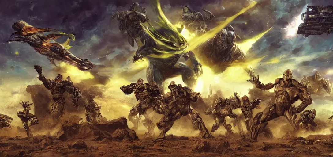 Image similar to epic battle on an exotic alien planet, landscape, alex ross, neal adams, david finch, war, concept art, matte painting, highly detailed, rule of thirds, dynamic lighting, cinematic, detailed, denoised, centerd