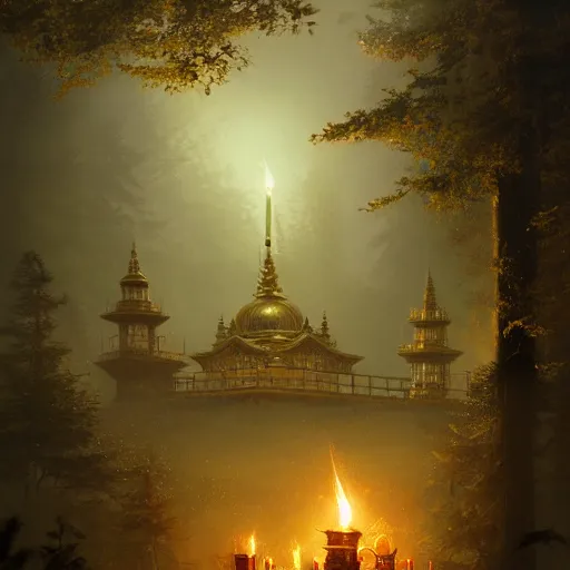 Prompt: A highly realistic ornate golden temple deep in the forest with torches and gemstones all around the outer perimeter; the forest is a nighttime scene with volumetric fog, trending on artstation by greg rutkowski