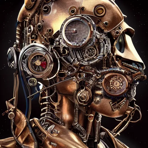 Image similar to the portrait of a human-like steampunk metal robot, photorealistic, highly detailed, intricate details, oct rendre, vivid colors, futuristic, sci-fi, dramatic lighting