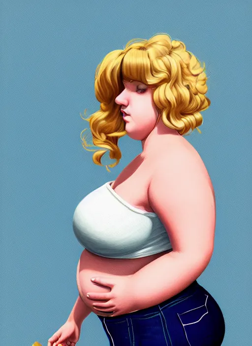 Image similar to full body teenage betty cooper, blonde hair, obese, bangs, ponytail, sultry, realistic, sultry smirk, ponytail, fluffy bangs, curly bangs, fat, belly, beautiful girl, intricate, elegant, highly detailed, digital painting, artstation, concept art, smooth, sharp focus, illustration, art by wlop, mars ravelo and greg rutkowski