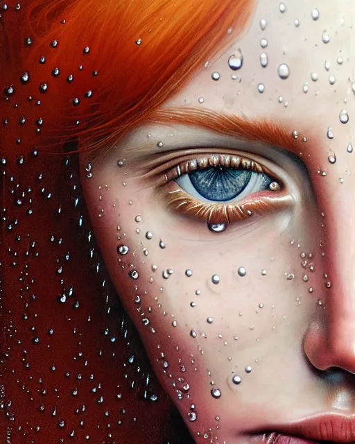 Prompt: portrait of an ethereal ginger freckled woman with water droplets, hypnotic eyes, with rain drop patterns, closeup, by mary jane ansell