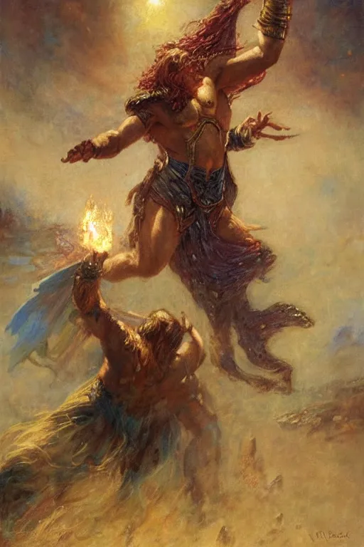 Image similar to portrait of rand al'thor channeling the one power during the last battle. art by gaston bussiere.