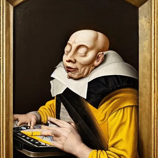 Image similar to tired man in a bumblebee costume drinks coffee in front of a laptop, highly detailed, masterpiece, enlightenment era, oil on canvas