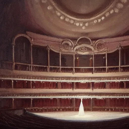 Prompt: painting by greg rutkowski, interior of an opera house with a singer in a white dress on a lighted stage with an orchestra and audience in the hall
