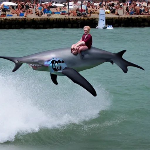 Image similar to boris johnson riding a shark at the beach