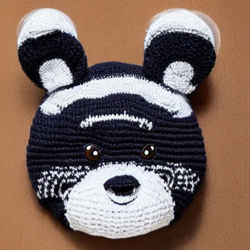 Prompt: a knitted hat shaped like a raccoon, very detailed, product photo