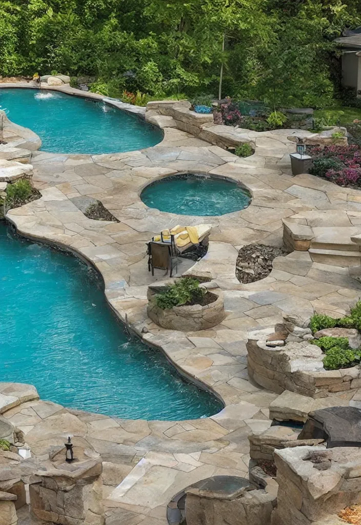 Image similar to Beautiful backyard pool with stone walkway and wooden lounge chairs