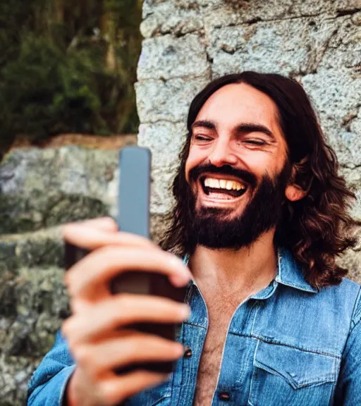 Image similar to Jesus taking a selfie. He is laughing. Professional photo