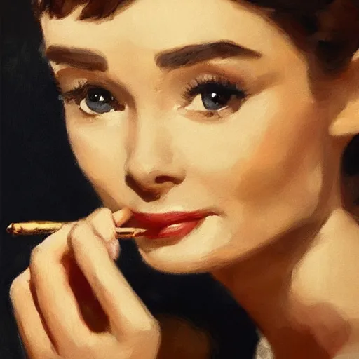 Prompt: closeup portrait of audrey hepburn smoking cigar in the film breakfast at tiffany's ( 1 9 6 1 ), evening, highly detailed, ultrarealistic oil painting, vladimir volegov, artstation