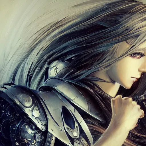 Prompt: Oil portrait with broad brush strokes of an anime girl with long white hair wearing Elden Ring armour with engraving in the style of Yoji Shinkawa, expressive brush strokes, hairs fluttering on the wing, noisy film grain effect, highly detailed, Renaissance oil painting, weird portrait angle, blurred lost edges, three quarter view