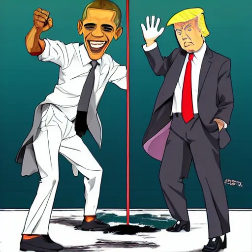 Image similar to obama and trump fighting in the style of anime