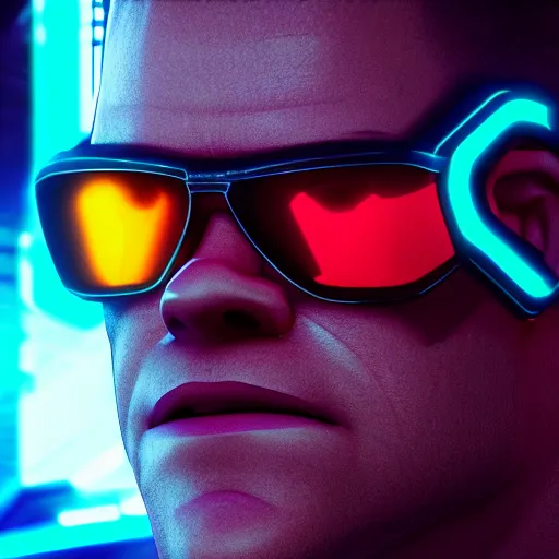 Image similar to matt damon portrait, cyberpunk 2 0 7 7, cyberpunk jackie welles, photorealistic, ultra detailed, neon, octane, bokeh, cinematic lighting, cyber, cyberpunk city, studio quality, feature, scars, cyberface, 8 k