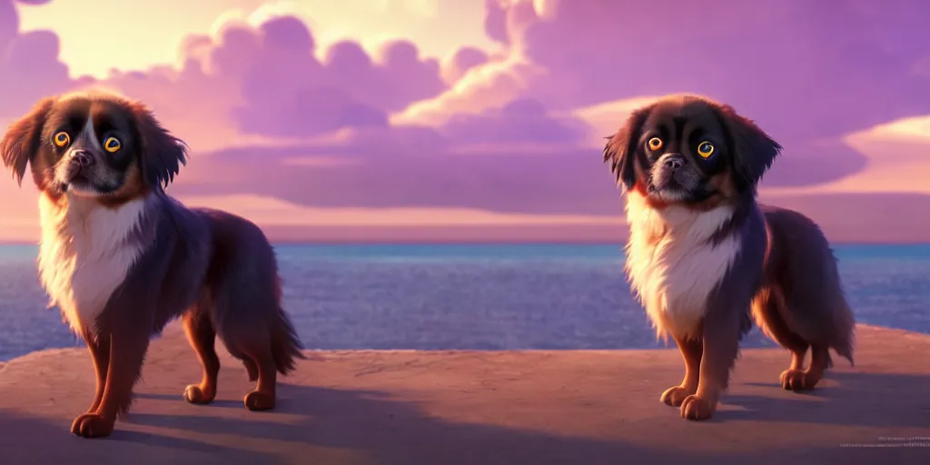 Image similar to a wholesome animation key shot of a black tibetan spaniel, spanish riviera in the background, studio ghibli, pixar and disney animation, sharp, rendered in unreal engine 5, anime key art by greg rutkowski, bloom, dramatic lighting