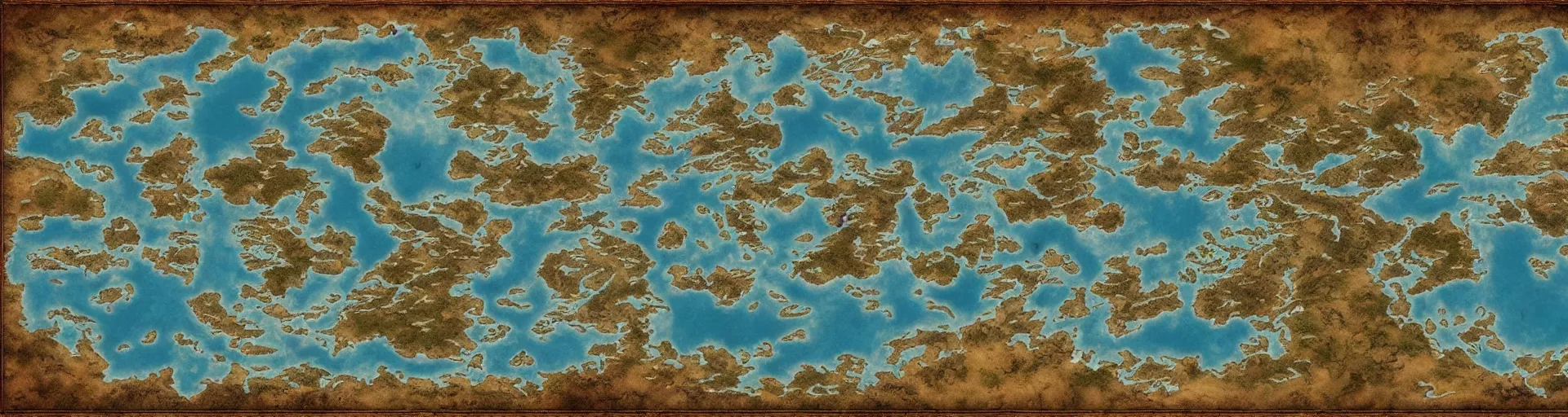 Prompt: fantasy world atlas in the style of an mmorpg world map, 7 0 % ocean, include tundra at the poles, extremely detailed, fantasy, no text, 4 k