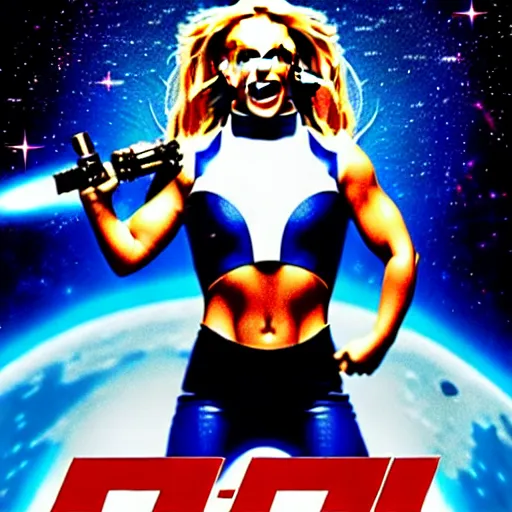 Image similar to of a great movie poster of britney spears as a hero sci fi space cosmonaut holding a raygun in a nice action pose, there is an explosion on the background of a space station shaking britney's hair and lighting her with a rim light, she is laughing, opps i did it again, f 2. 8, advertising lighting,