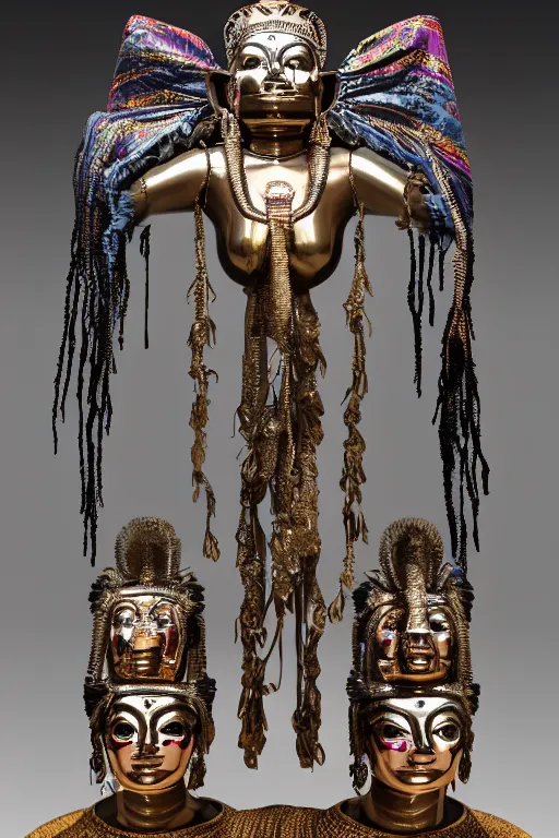 Image similar to chrome carved statue of inca goddess symmetrical three faces, metallic polished sculpture, dressed with a colorful wrapped silk cloak, made by antonio corradini, and dug stanat macabre art, dark surrealism, epic and cinematic view, volummetric light, texturized, detailed, 8 k