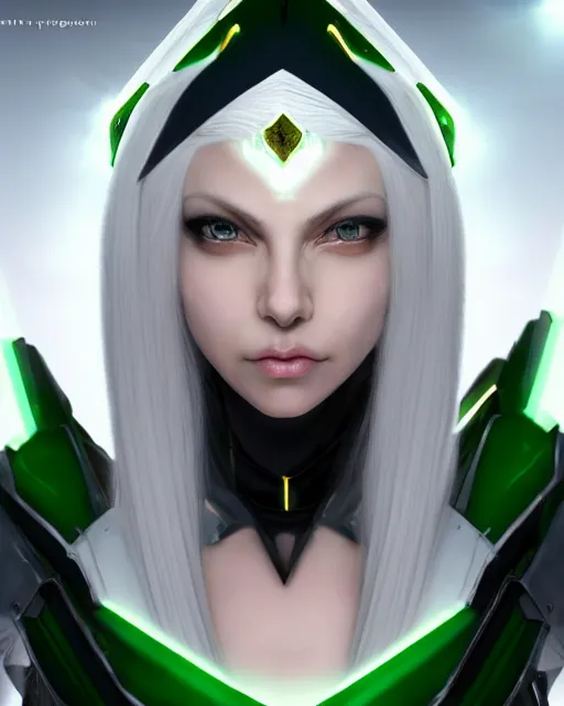 Image similar to perfect white haired attractive egyptian goddess, warframe armor, beautiful, symmetric, dreamy, half asian, pretty face, green eyes, charlize theron, detailed, scifi platform, laboratory, experiment, 4 k, ultra realistic, epic lighting, android body, illuminated, cinematic, masterpiece, art by akihito tsukushi, voidstar