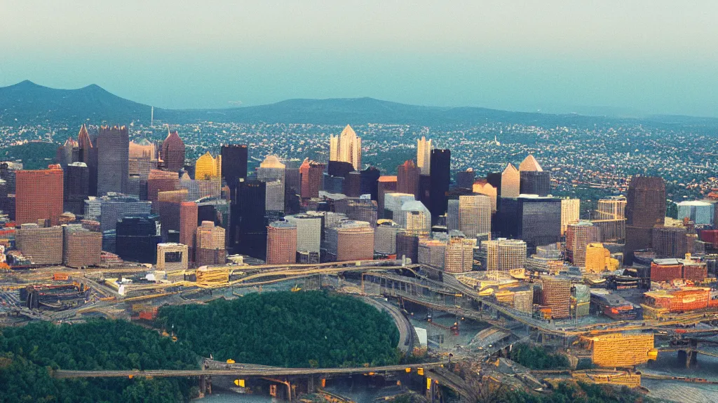 Prompt: Pittsburgh after the apocalypse, medium format photography taken from Mount Washington, Fuji sensia, 4k, golden hour