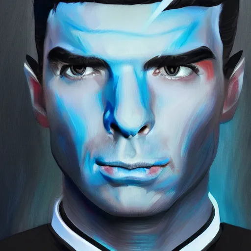 Image similar to : aesthetic portrait commission of very attractive ZACHARY QUINTO SPOCK + FUTURISTIC + wearing BLUE star trek suit + HYPERDETAILED + 2022 award winning painting + KRITA PAINTER + UPSCALED