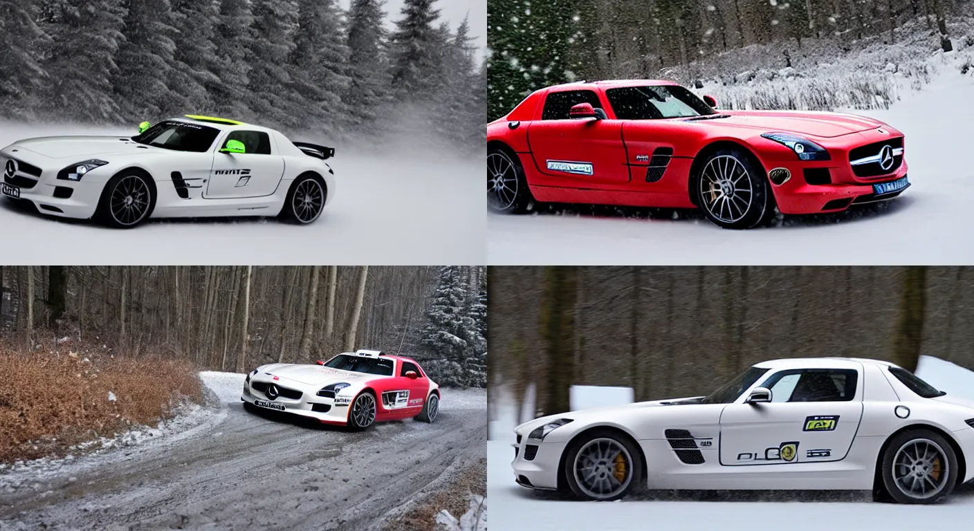 Prompt: a 2 0 1 1 mercedes - benz sls amg, racing through a rally stage in a snowy forest