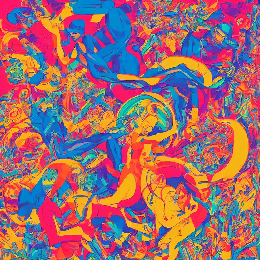 Image similar to album cover design depicting modern sculpture on lsd beautiful bright colors by tristan eaton and james jean