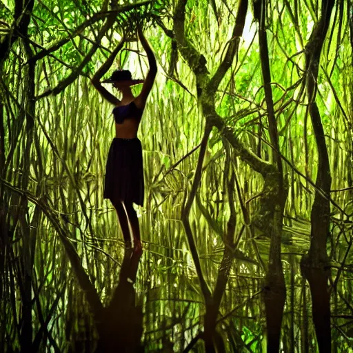 Image similar to a mannequin dancer in a mangrove swamp, cinematic light, beautiful dreamy lighting,