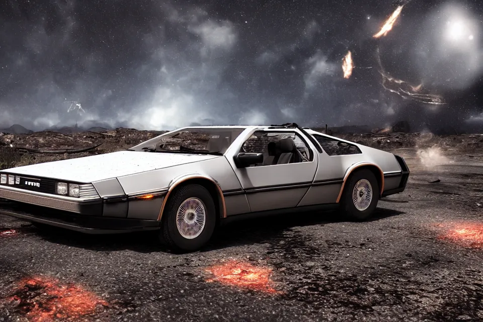 Image similar to ultra realistic delorean dmc 5 on remote ancient highway wreckage in space, dark cinematic, volumetric, realistic, 3 d render, realistic render, cinematic lighting, volumetric lighting, atmospheric, cinematic, unreal engine 5, unreal engine render, octane render, hd, photorealism, hyper realistic, 8 k