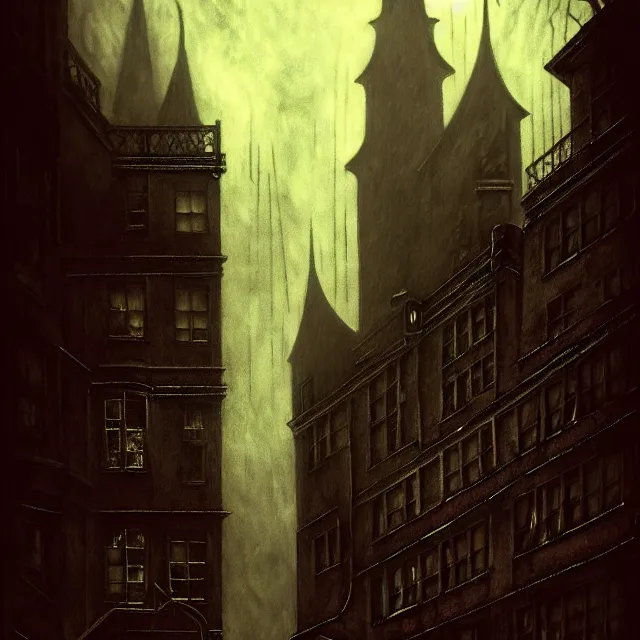 Prompt: haunted gothic hotel, 1 9 2 0 s boston overlooking a dark street, lovecraft, photorealistic, dark, atmospheric lighting, painted, intricate, ultra detailed by leesha hannigan, thierry doizon, kai carpenter, well composed, best on artstation, cgsociety, epic, stunning, gorgeous, intricate detail, wow, masterpiece