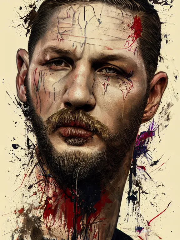 Image similar to art portrait of tom hardy, 8k, by tristan eaton, Stanley Artgerm, Tom Bagshaw, Greg Rutkowski, Carne Griffiths, trending on DeviantArt face en