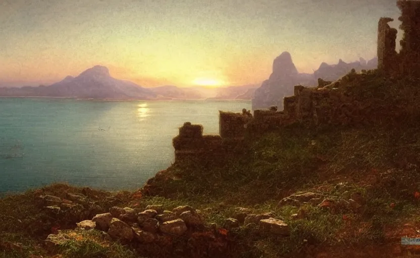 Prompt: ruins on a hill overlooking the ocean, close up shot, at dusk, distant mountains, 4k, rule of thirds, extreme detail, hazy water, intricate ink illustration, trending on artstation, cgsociety, hd, calm, complimentary colours, realistic lighting, by Albert Bierstadt, Frederic Edwin Church.