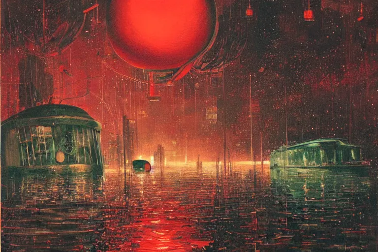 Prompt: river boats speeding between spherical tree houses on flooded streets of new york painting, red and green palette, night lights, starry sky, by ( h. r. giger ) and paul lehr