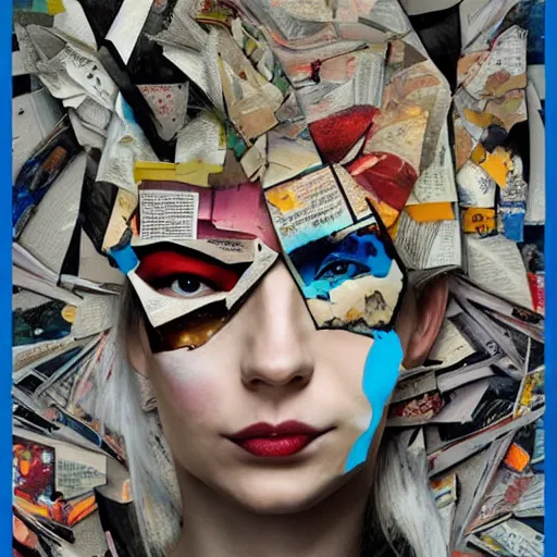 Prompt: a painting of a woman's face with pieces of torn-up pages of superhero comic books on her face, a surrealist painting, behance contest winner, pop surrealism, surrealist, detailed painting, poster art