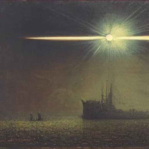 Prompt: An airship caught in searchlight beams during an air raid on London in the style of John Atkinson Grimshaw